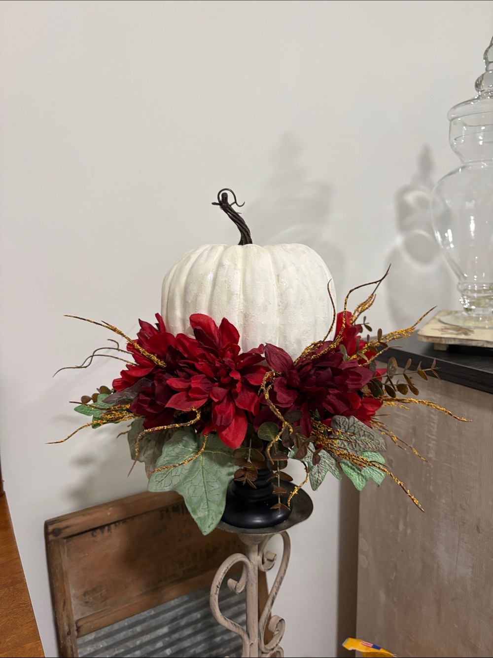White Pumpkin Centerpiece with Red Floral Accent - Home Accents